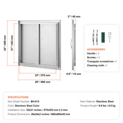BBQ Access Door, 26W x 24H Inch Double Outdoor Kitchen Door, Stainless Steel Flush Mount Door, Wall Vertical Door with Handles, for BBQ Island, Grilling Station, Outside Cabinet