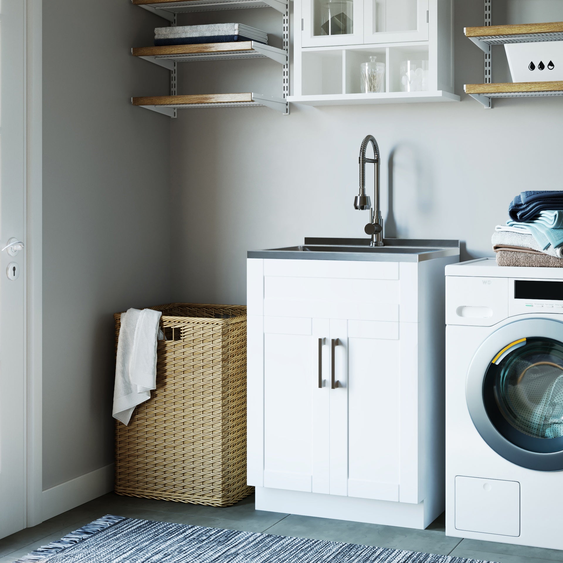 Hennessy - Deluxe 24" Laundry Cabinet with Faucet and Stainless Steel Sink - Pure White