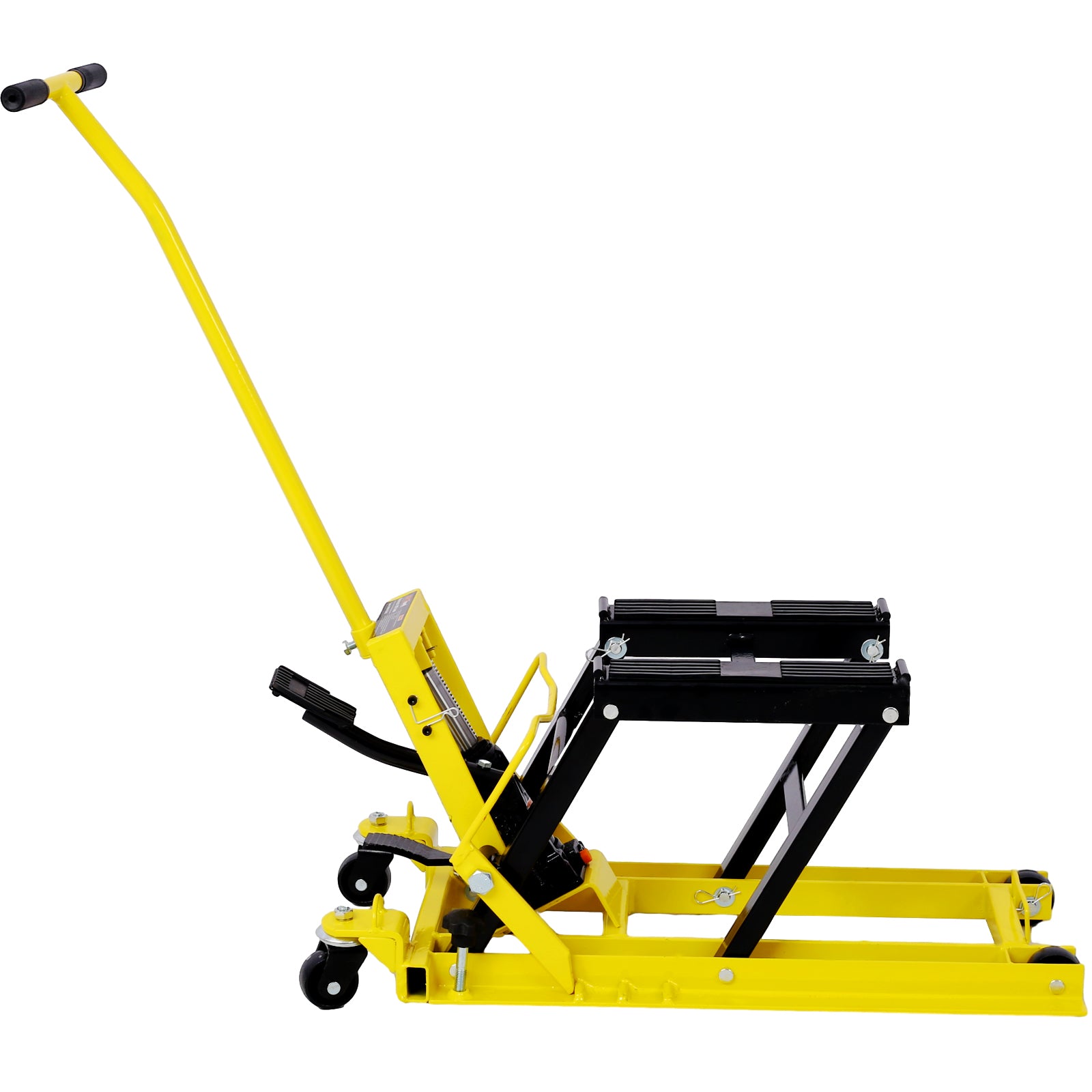 Hydraulic Motorcycle Lift Jack, 1500 LBS Capacity ATV Scissor Lift Jack, Portable Motorcycle Lift Table with 4 Wheels, Hydraulic Foot-Operated Hoist Stand with tie down yellow