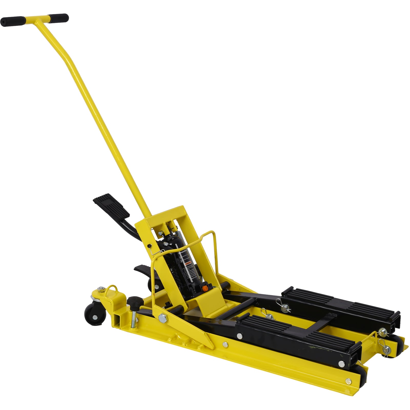 Hydraulic Motorcycle Lift Jack, 1500 LBS Capacity ATV Scissor Lift Jack, Portable Motorcycle Lift Table with 4 Wheels, Hydraulic Foot-Operated Hoist Stand with tie down yellow