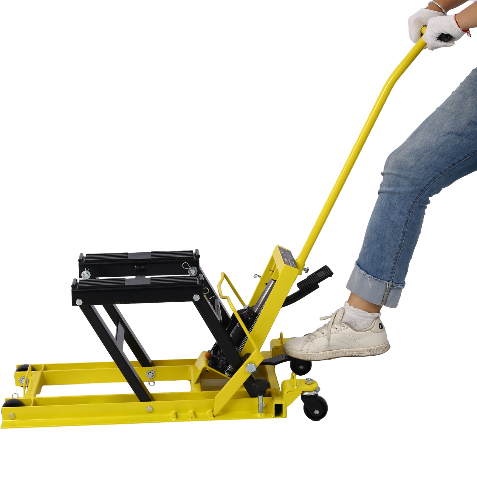Hydraulic Motorcycle Lift Jack, 1500 LBS Capacity ATV Scissor Lift Jack, Portable Motorcycle Lift Table with 4 Wheels, Hydraulic Foot-Operated Hoist Stand with tie down yellow
