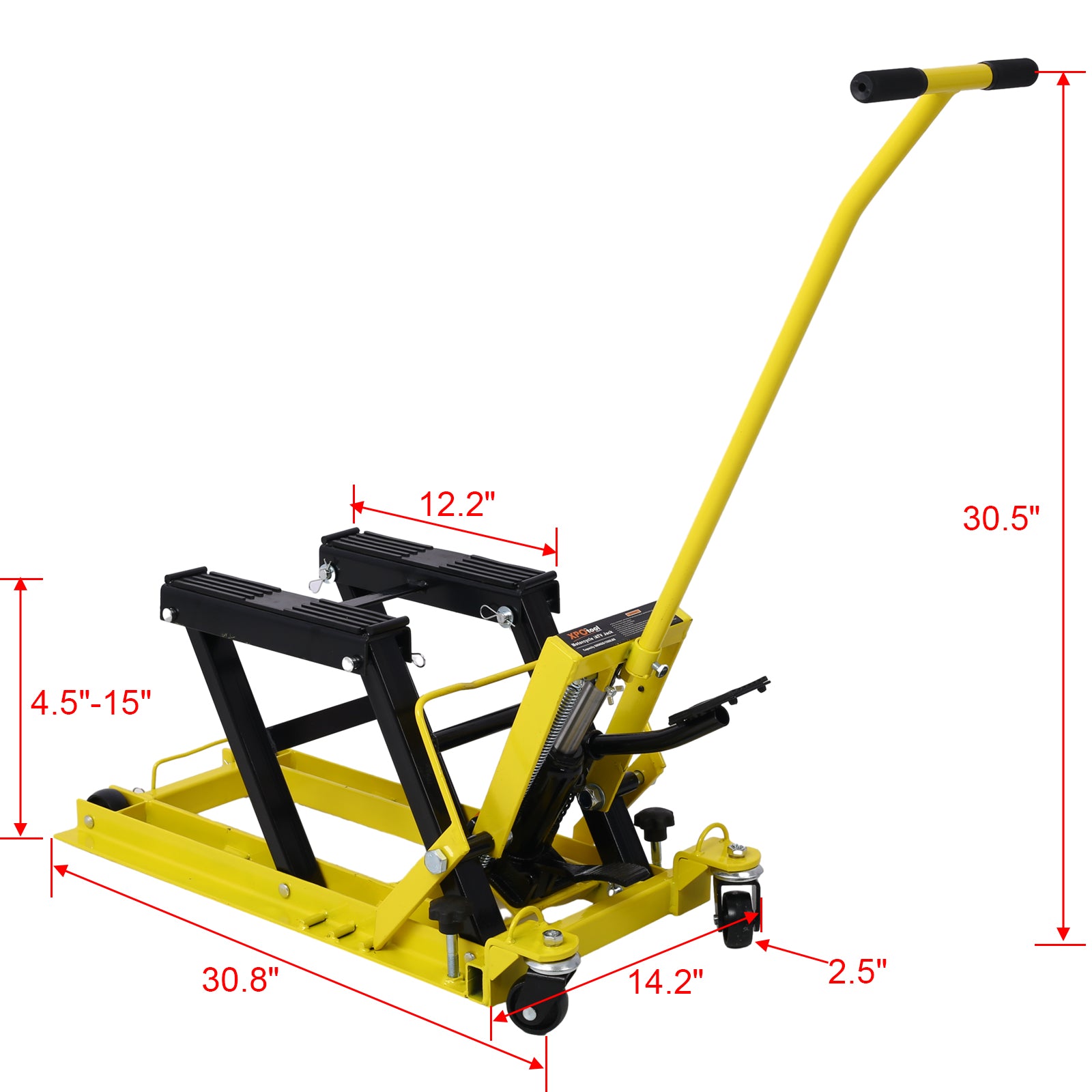 Hydraulic Motorcycle Lift Jack, 1500 LBS Capacity ATV Scissor Lift Jack, Portable Motorcycle Lift Table with 4 Wheels, Hydraulic Foot-Operated Hoist Stand with tie down yellow