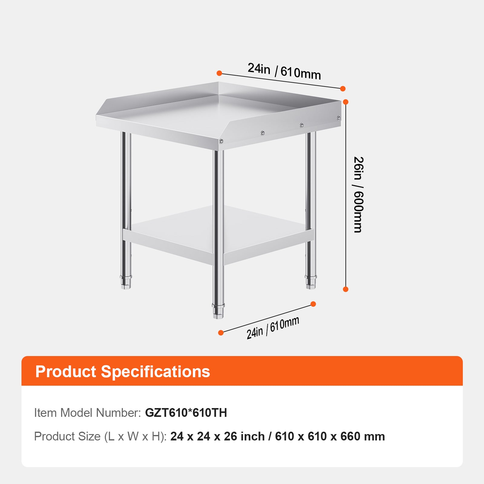 Stainless Steel Work Table, 24 x 24 x 26 Inch Commercial Food Prep Worktable, 3-Sided Backsplash Heavy Duty Prep Worktable, Metal Work Table with Adjustable Height for Restaurant Home Hotel