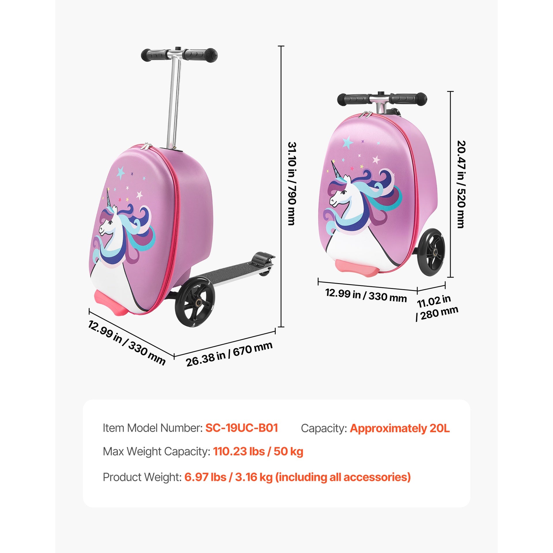 Ride-on Luggage 20-inch Kids Scooter Suitcase with Flash Wheels Purple