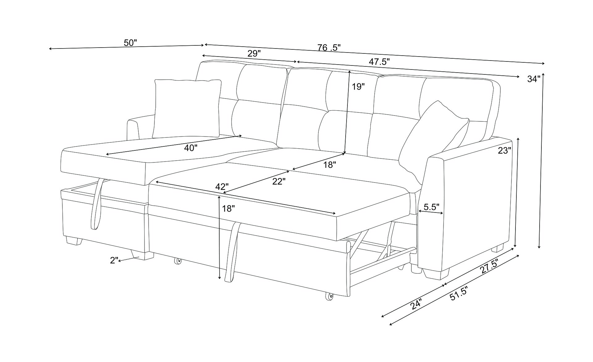 76.5" Linen Blend Upholstered Sectional with Pull-Out Bed and Chaise Storage