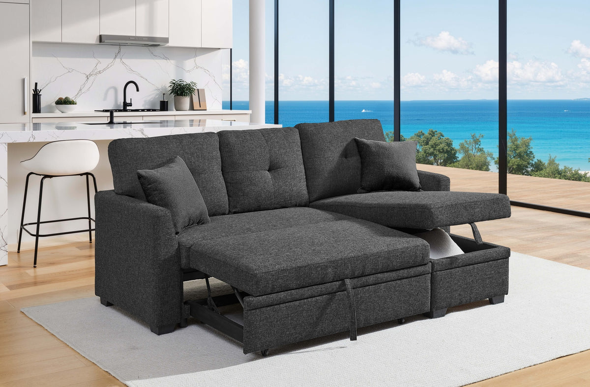 76.5" Linen Blend Upholstered Sectional with Pull-Out Bed and Chaise Storage