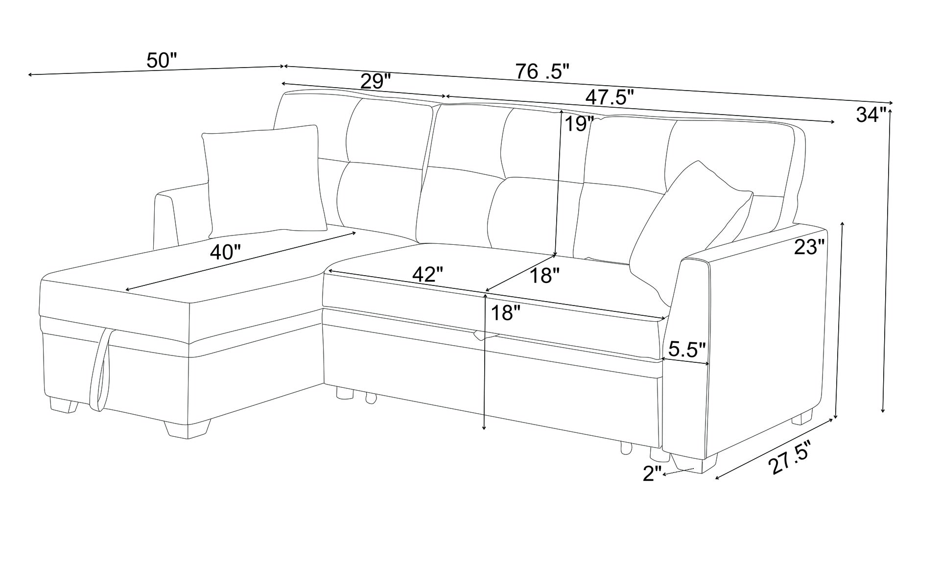 76.5" Linen Blend Upholstered Sectional with Pull-Out Bed and Chaise Storage