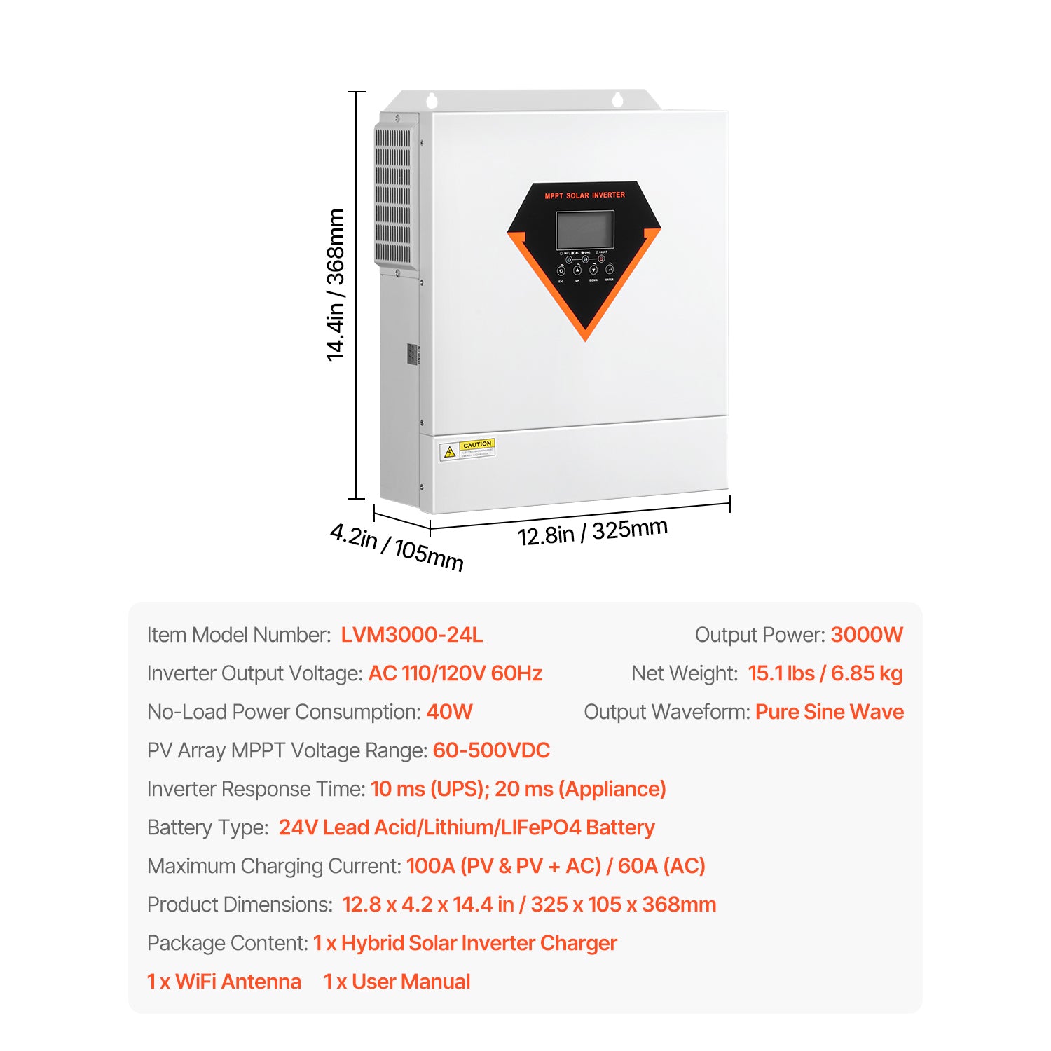 Hybrid Solar Inverter Charger 3000W 110/120V with Built-in 100A MPPT Controller