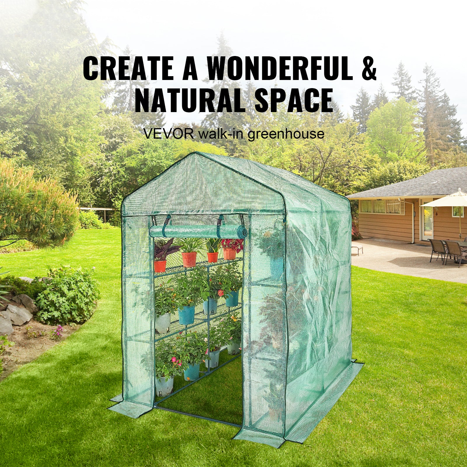 Walk-in Green House, 4.6 x 4.6 x 6.6 ft , Greenhouse with Shelves, High Strength PE Cover with Zipper Door and Steel Frame, Assembly in Minutes, Suitable for Planting and Storage