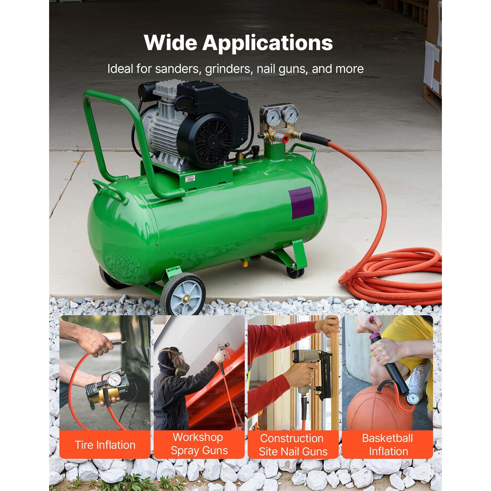 Air Hose, 1/4" x 25ft Hybrid Air Hose, Lightweight, Kink Resistant, Pneumatic Hoses with 1/4 inch Solid Brass Male Fittings, Three-Layer Hybrid Material, 300 PSI, All-Weather Flexibility, Orange