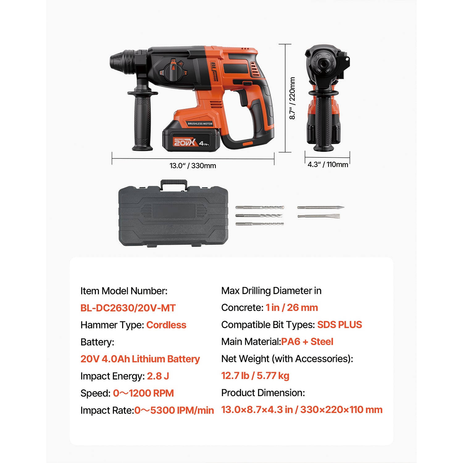 20V SDS-Plus Brushless Cordless Rotary Hammer Drill Kit 1 In 1200RPM 4 Functions