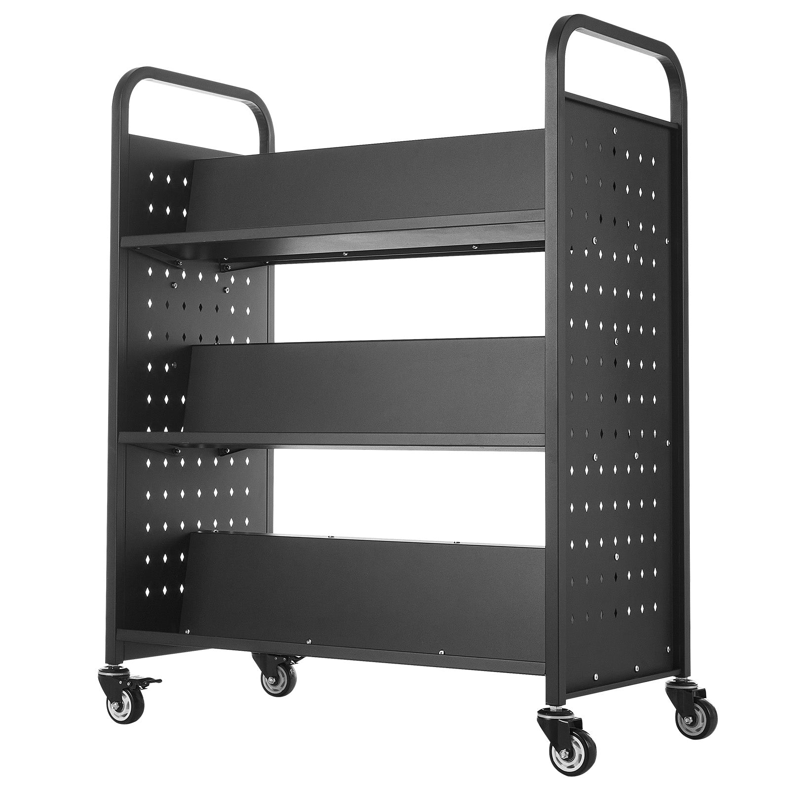 3-Tier Rolling Book Cart Double Sided W-Shaped Shelves Book Truck in Black