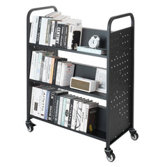 3-Tier Rolling Book Cart Double Sided W-Shaped Shelves Book Truck in Black