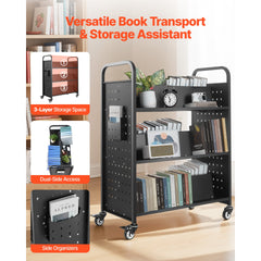 3-Tier Rolling Book Cart Double Sided W-Shaped Shelves Book Truck in Black