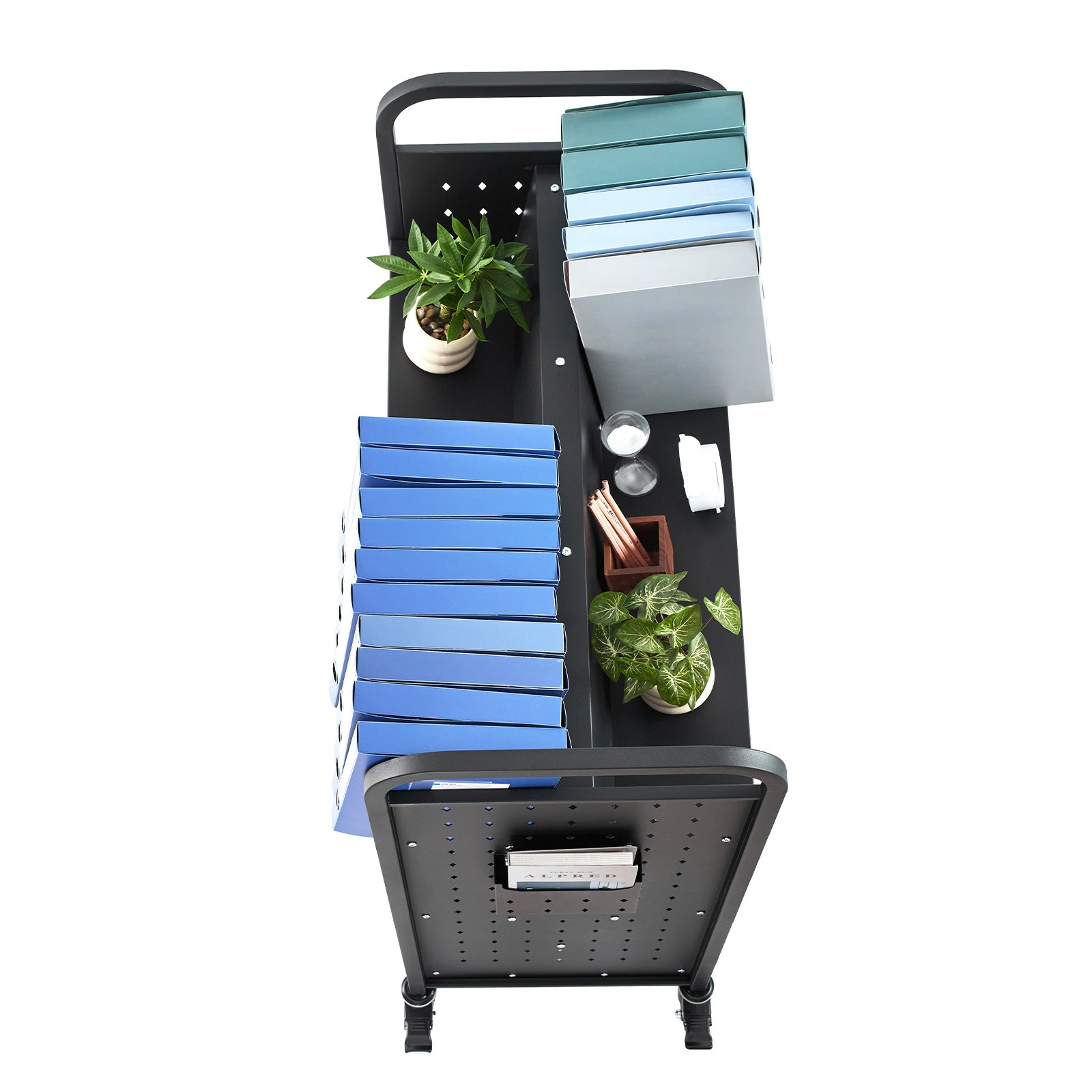 3-Tier Rolling Book Cart Double Sided W-Shaped Shelves Book Truck in Black