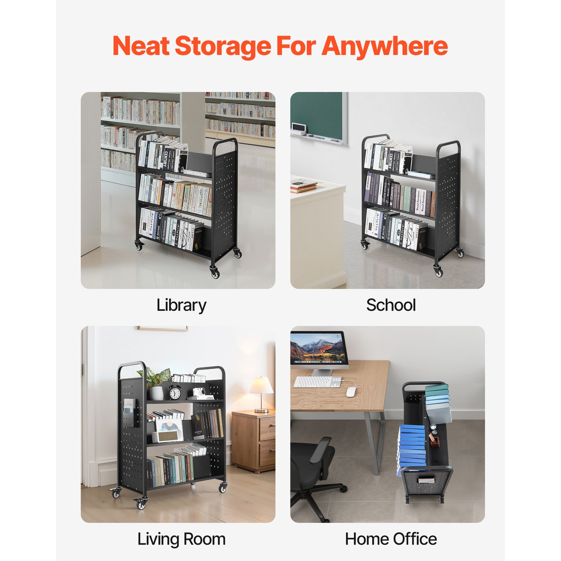 3-Tier Rolling Book Cart Double Sided W-Shaped Shelves Book Truck in Black