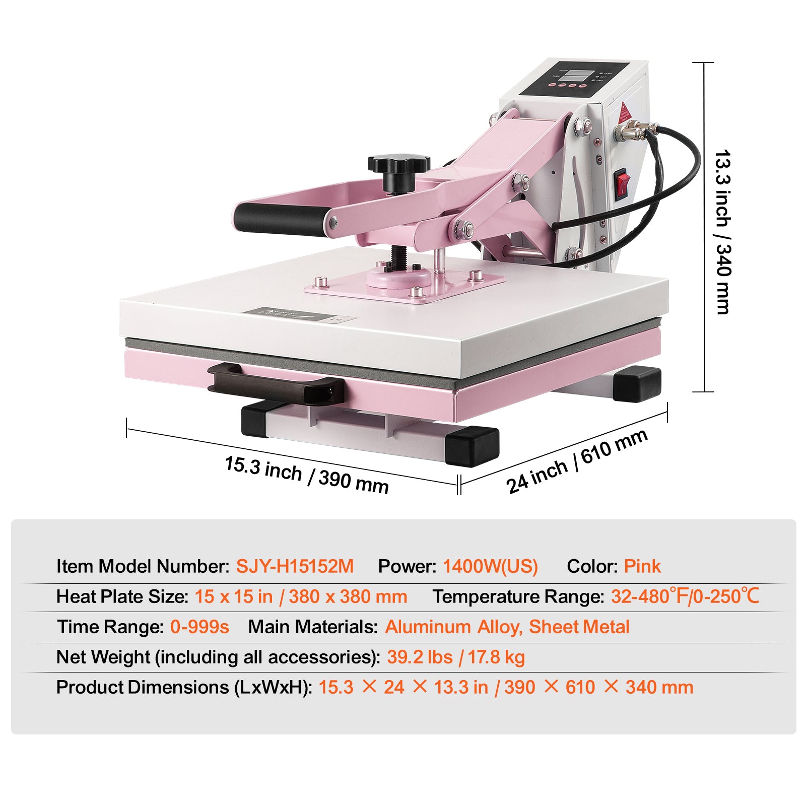 Heat Press Machine 15x15 in Slide Out Heat Transfer Machine T-Shirts Pink