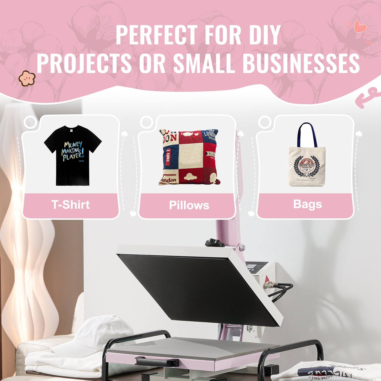 Heat Press Machine 15x15 in Slide Out Heat Transfer Machine T-Shirts Pink