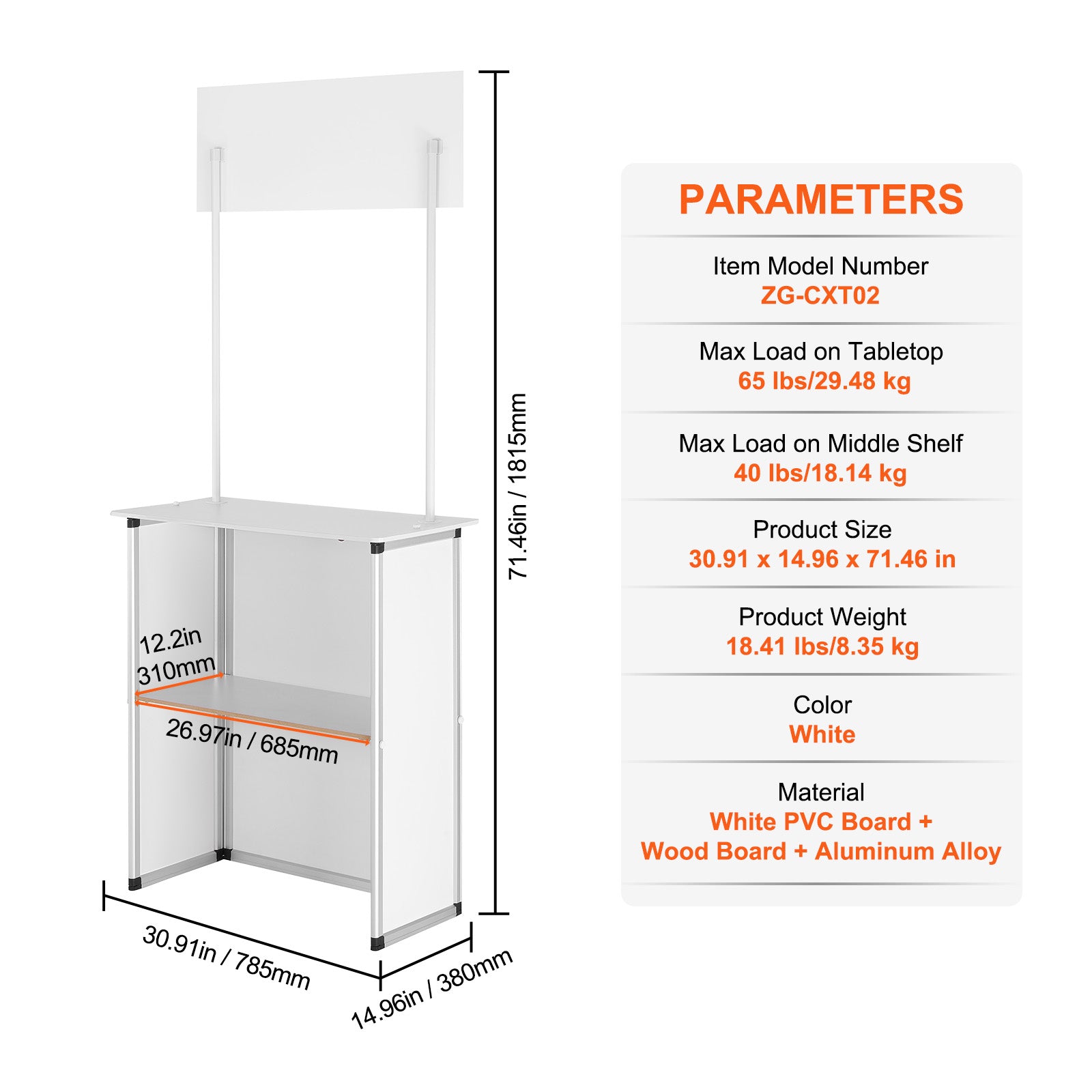 Promotion Counter Table, Portable Tradeshow Podium Table, 30.91" x 14.96" x 71.46", Display Exhibition Counter Stand Booth Fair with Wall, Pop Up Podium with Storage Rack/Carrying Bag
