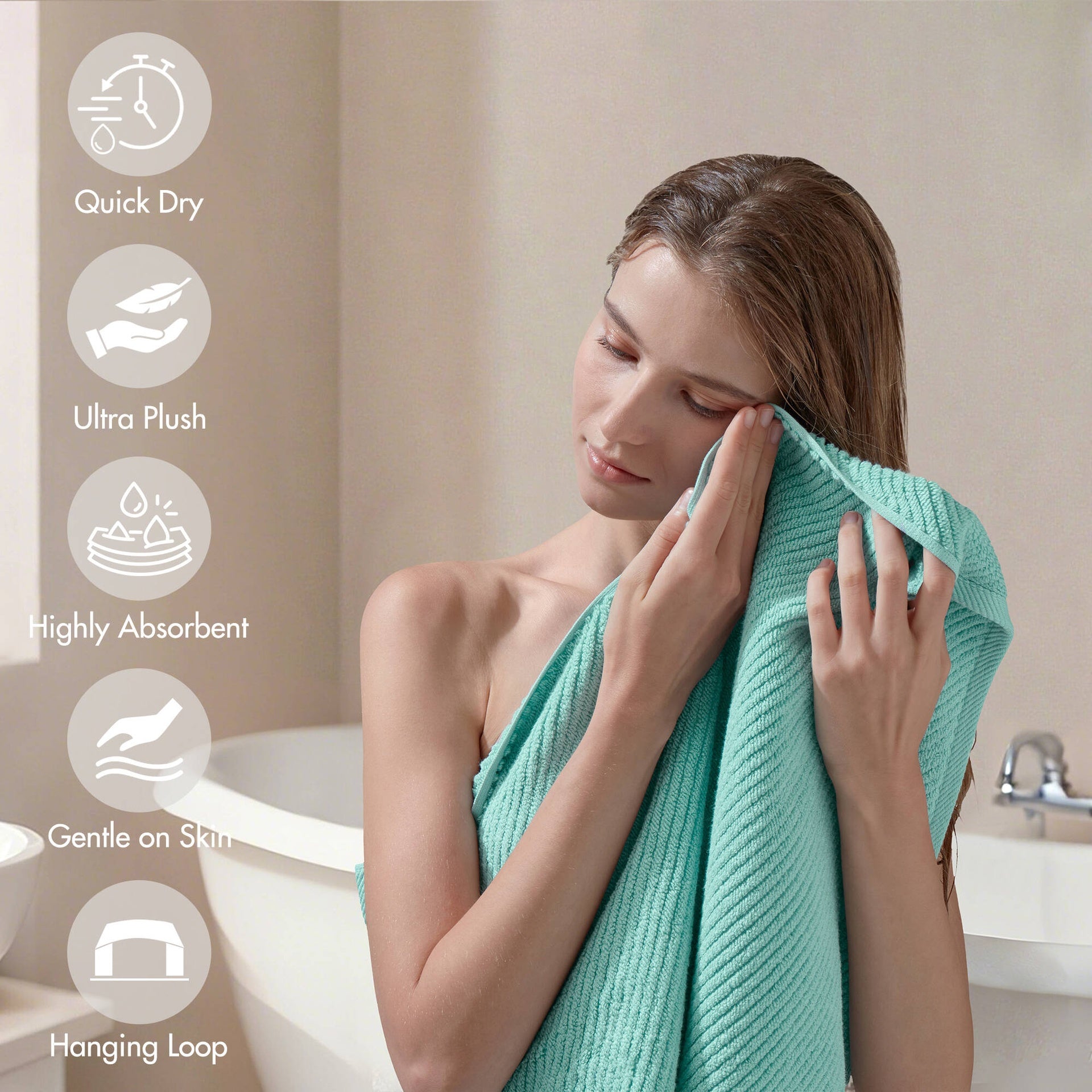 6-Piece 100% Cotton Quick Dry Diagonal Ribbed 6pcs Towel Set, Turquoise
