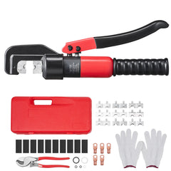 Hydraulic Crimping Tool with 9 Sets of  Dies AWG12-2/0 Copper And Aluminum Terminal Battery Lug Crimper, with a Cutting Pliers, Gloves, 10pcs Copper Ring Connectors, 8pcs Heat Shrink Sleeves