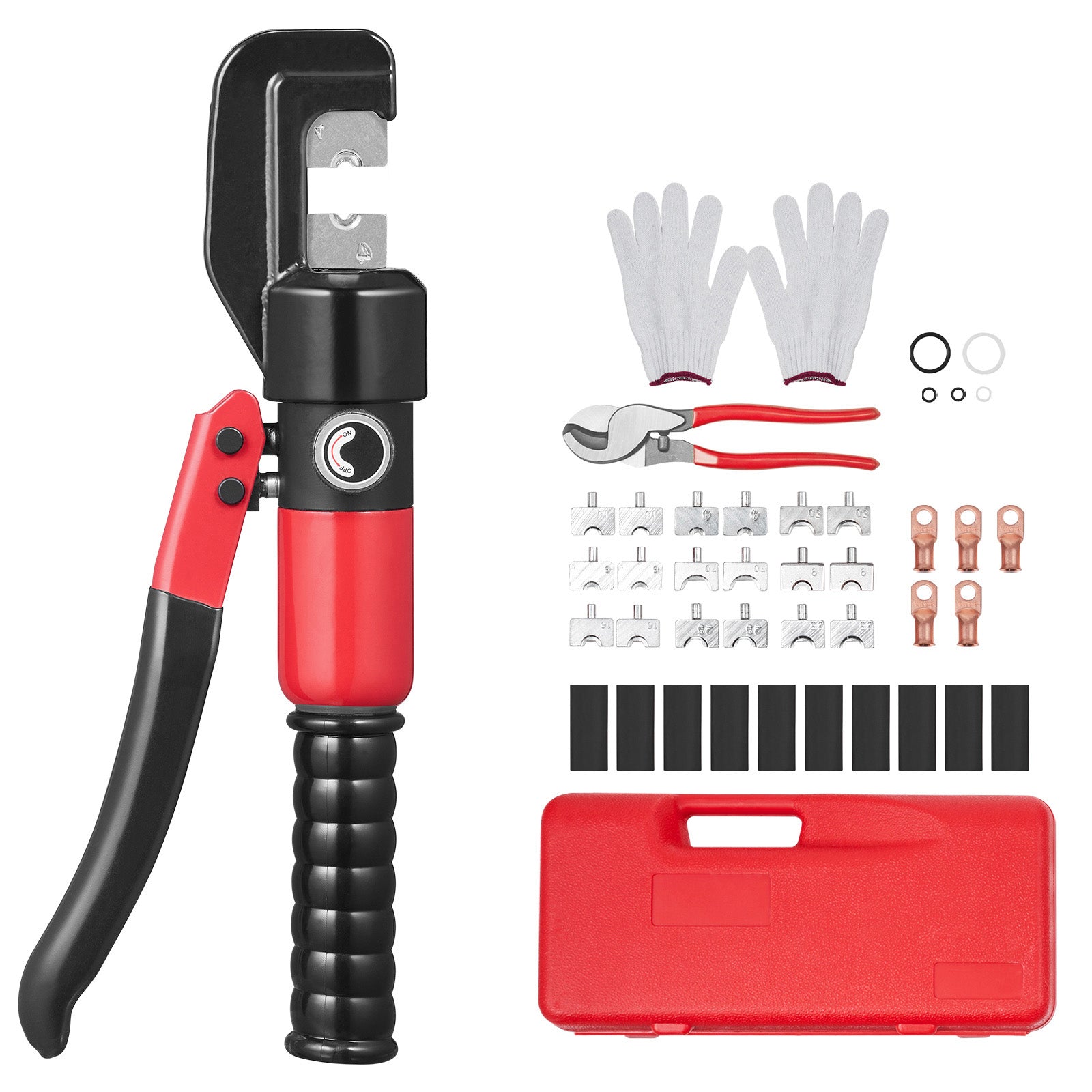 Hydraulic Crimping Tool with 9 Sets of  Dies AWG12-2/0 Copper And Aluminum Terminal Battery Lug Crimper, with a Cutting Pliers, Gloves, 10pcs Copper Ring Connectors, 8pcs Heat Shrink Sleeves