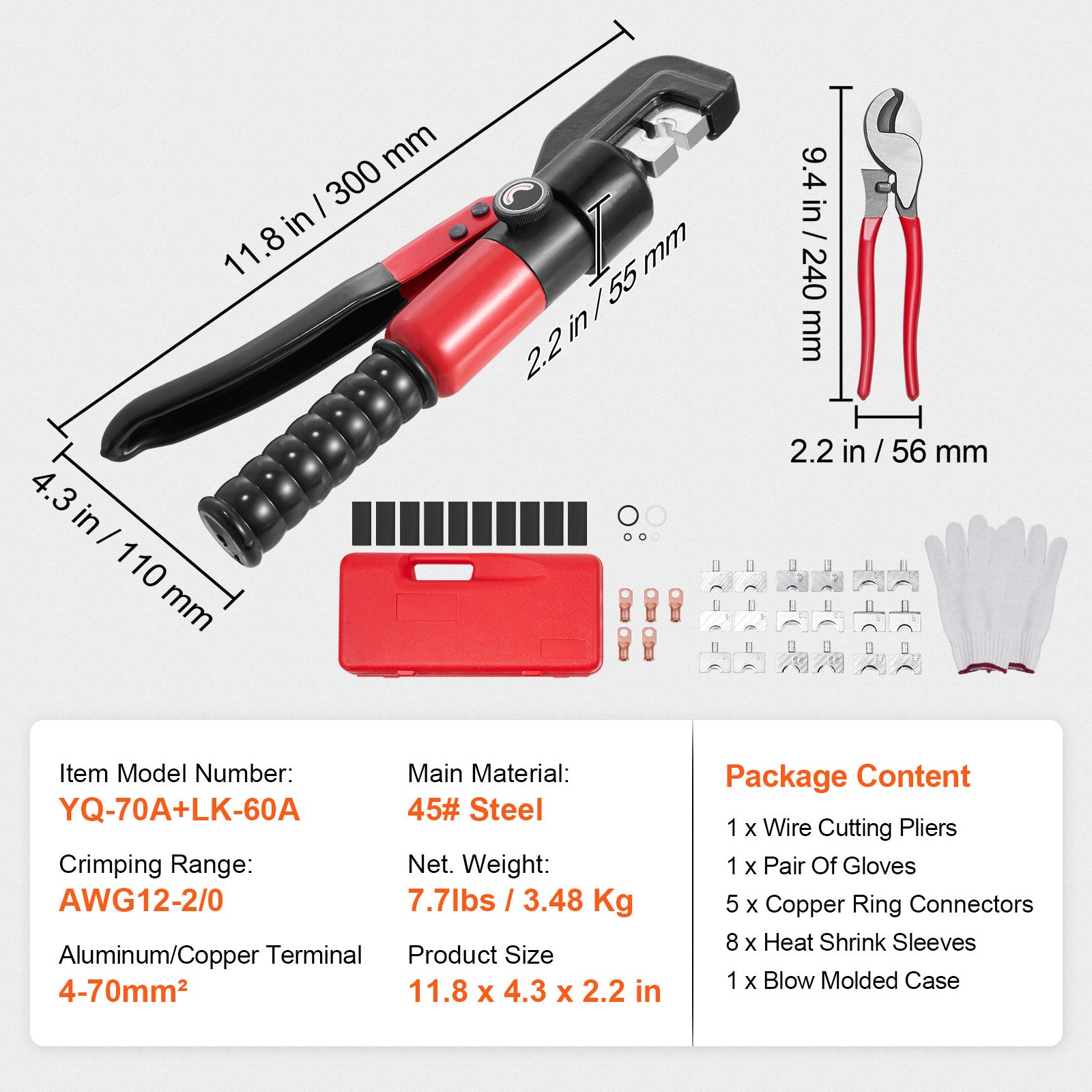 Hydraulic Crimping Tool with 9 Sets of  Dies AWG12-2/0 Copper And Aluminum Terminal Battery Lug Crimper, with a Cutting Pliers, Gloves, 10pcs Copper Ring Connectors, 8pcs Heat Shrink Sleeves