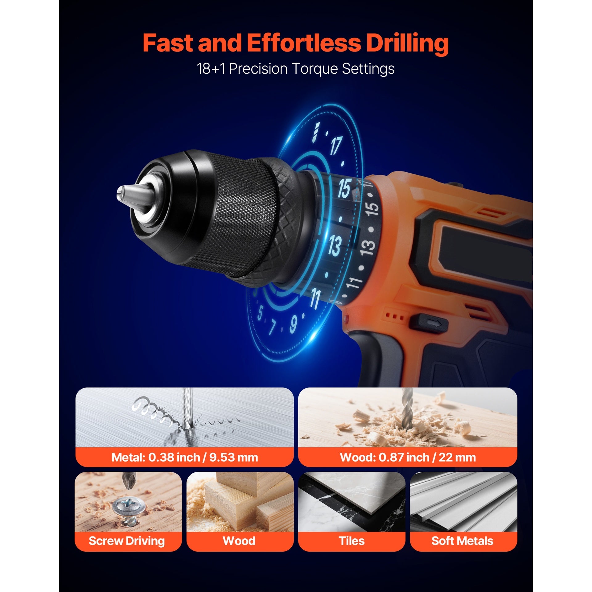 Cordless Drill Driver, 5-In-1, Metal Chuck, Dual-Speed Variable, Drill Driver Kit with 2 Lithium Batteries and Charger, Tool Box, for Wood and Metal Drilling, Screw Tightening or Loosening