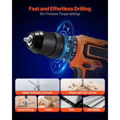 Cordless Drill Driver, 5-In-1, Metal Chuck, Dual-Speed Variable, Drill Driver Kit with 2 Lithium Batteries and Charger, Tool Box, for Wood and Metal Drilling, Screw Tightening or Loosening