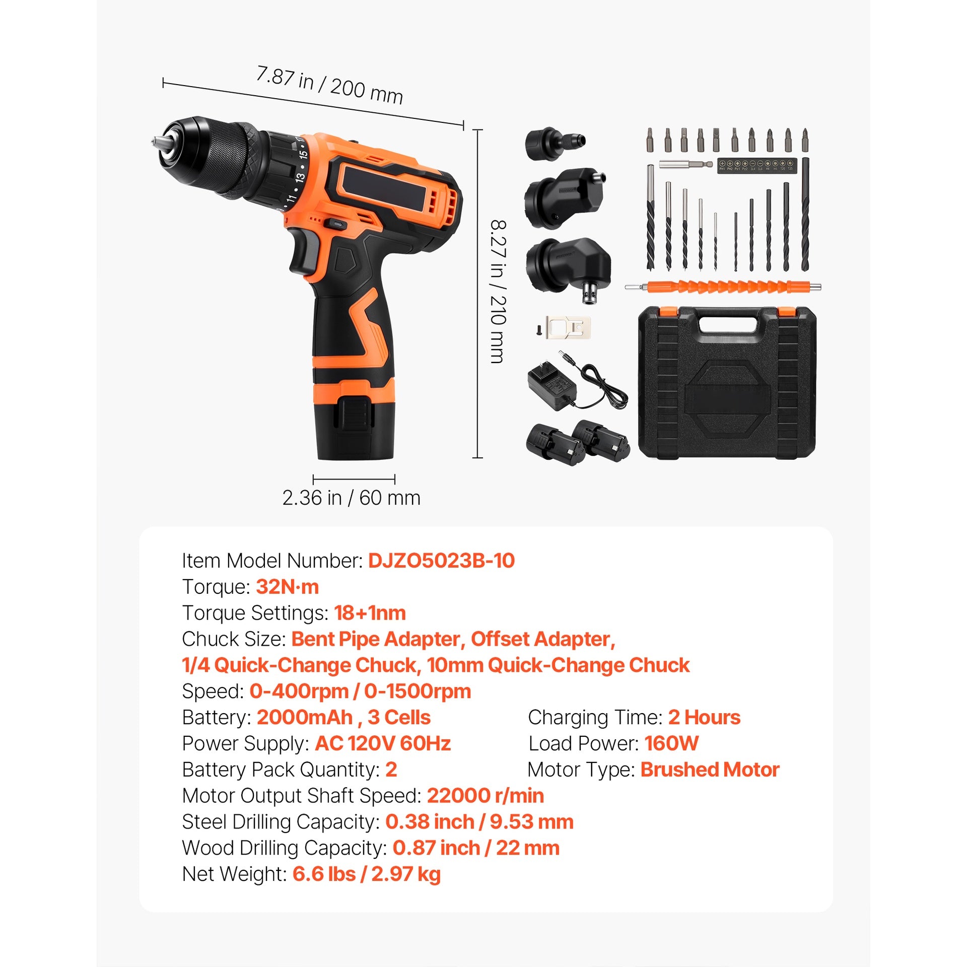 Cordless Drill Driver, 5-In-1, Metal Chuck, Dual-Speed Variable, Drill Driver Kit with 2 Lithium Batteries and Charger, Tool Box, for Wood and Metal Drilling, Screw Tightening or Loosening