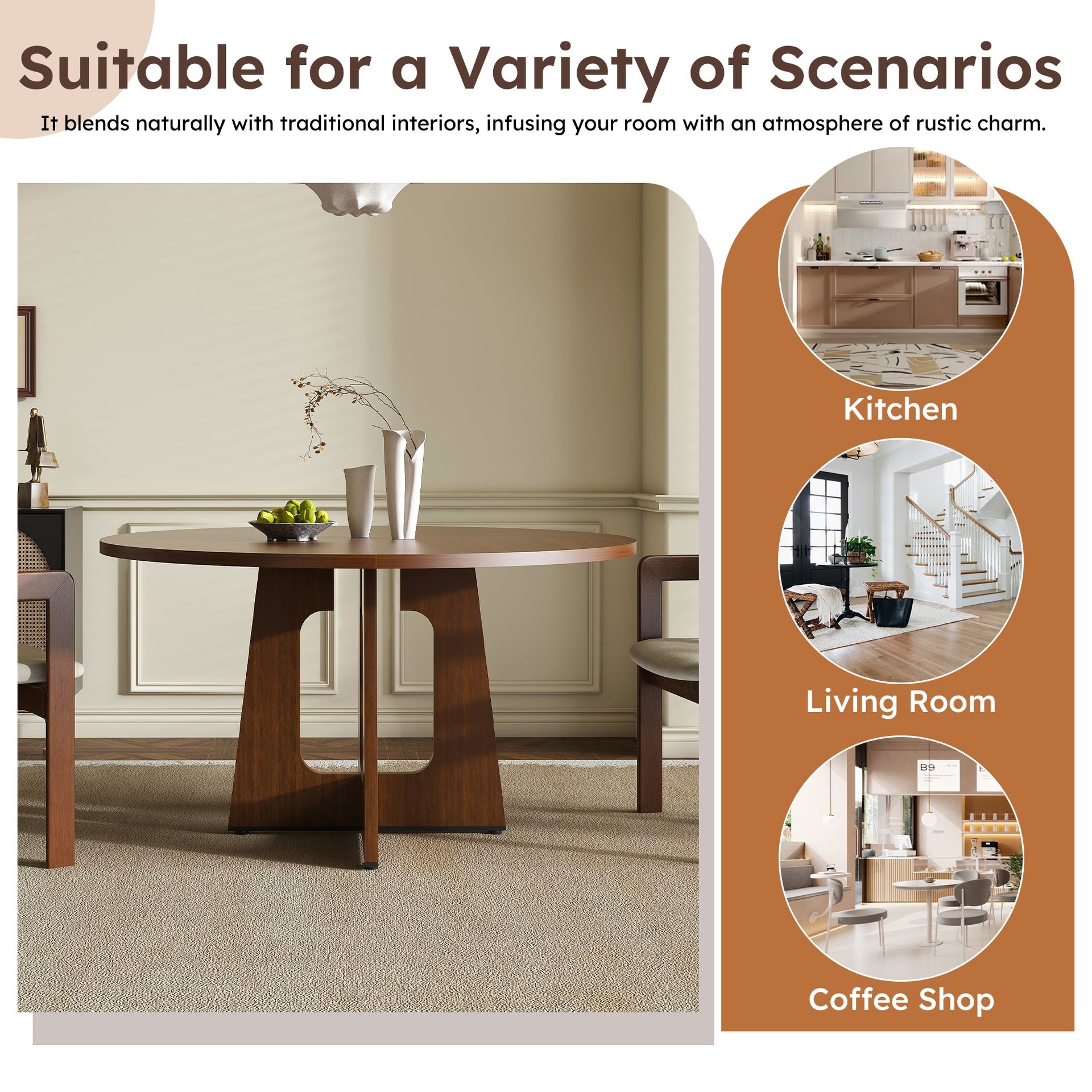 Round Dining Table for 4 - 47 Inch Farmhouse Kitchen Table, MDF Circle Table with Wood Grain Finish, 300lb Weight Capacity, Easy Assembly for Dining Room, Kitchen, Living Room - Spiced Round Table