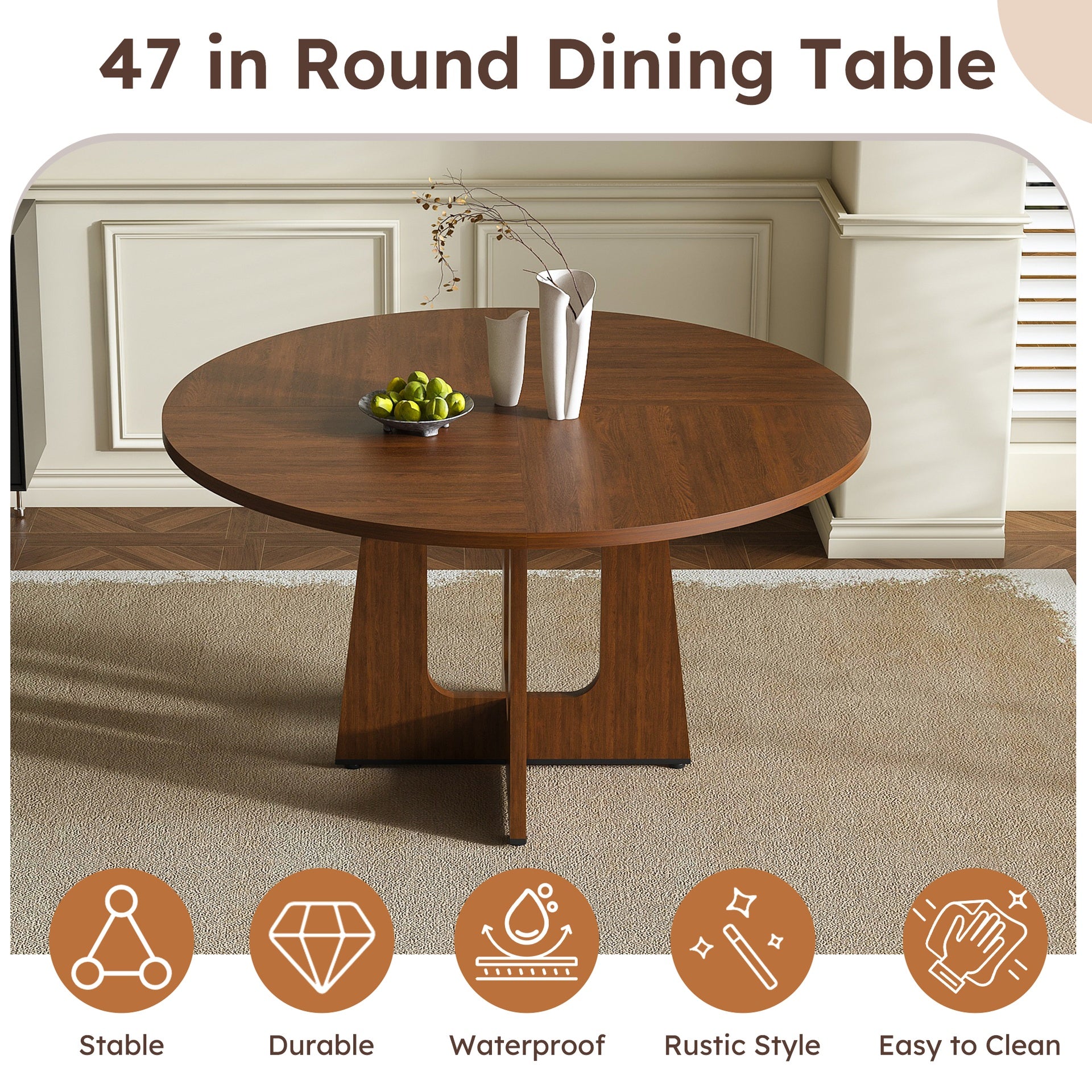 Round Dining Table for 4 - 47 Inch Farmhouse Kitchen Table, MDF Circle Table with Wood Grain Finish, 300lb Weight Capacity, Easy Assembly for Dining Room, Kitchen, Living Room - Spiced Round Table
