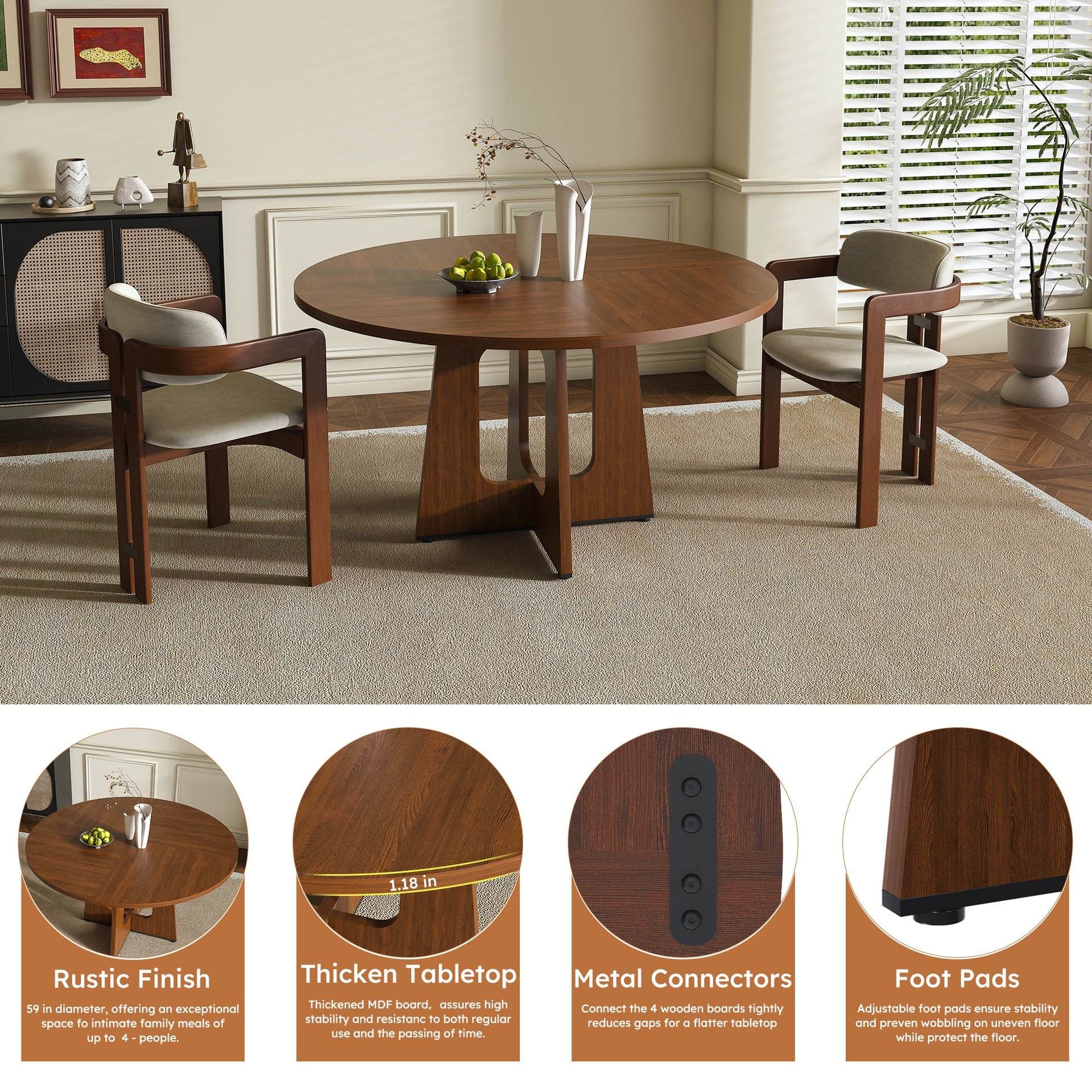 Round Dining Table for 4 - 47 Inch Farmhouse Kitchen Table, MDF Circle Table with Wood Grain Finish, 300lb Weight Capacity, Easy Assembly for Dining Room, Kitchen, Living Room - Spiced Round Table