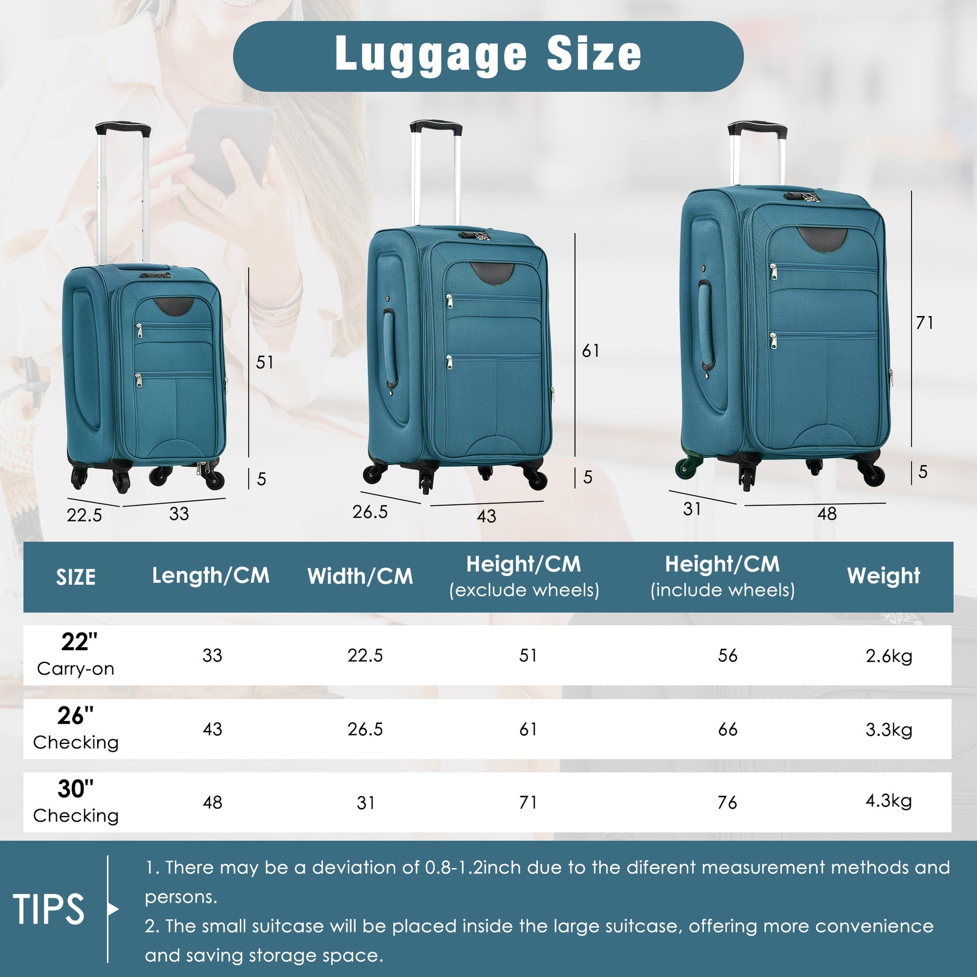 Softside Luggage Expandable 3 Piece Set Suitcase with Duffel Bag Upright Spinner Softshell Lightweight Luggage Travel Set-22/26/30 IN