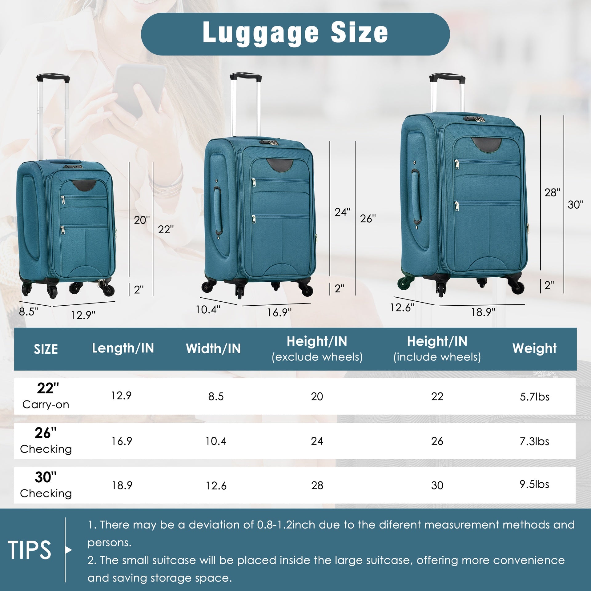 Softside Luggage Expandable 3 Piece Set Suitcase with Duffel Bag Upright Spinner Softshell Lightweight Luggage Travel Set-22/26/30 IN