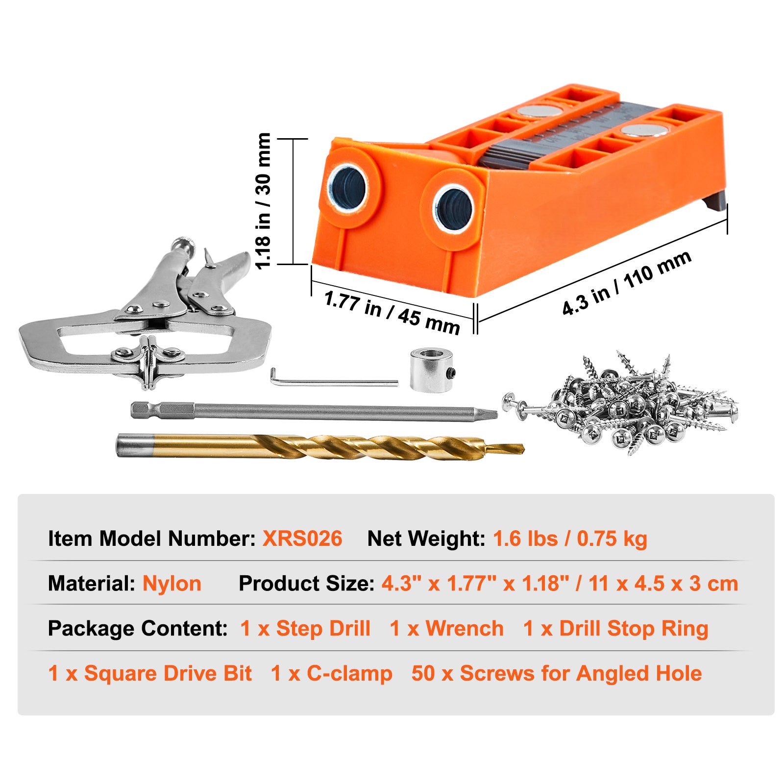 Pocket Hole Jig, 56 Pcs Mini Jig Pocket Hole System with 9" C-clamp, Step Drill, Wrench, Square Drive Bit, Drill Stop Ring, and Screws, for DIY Carpentry Projects