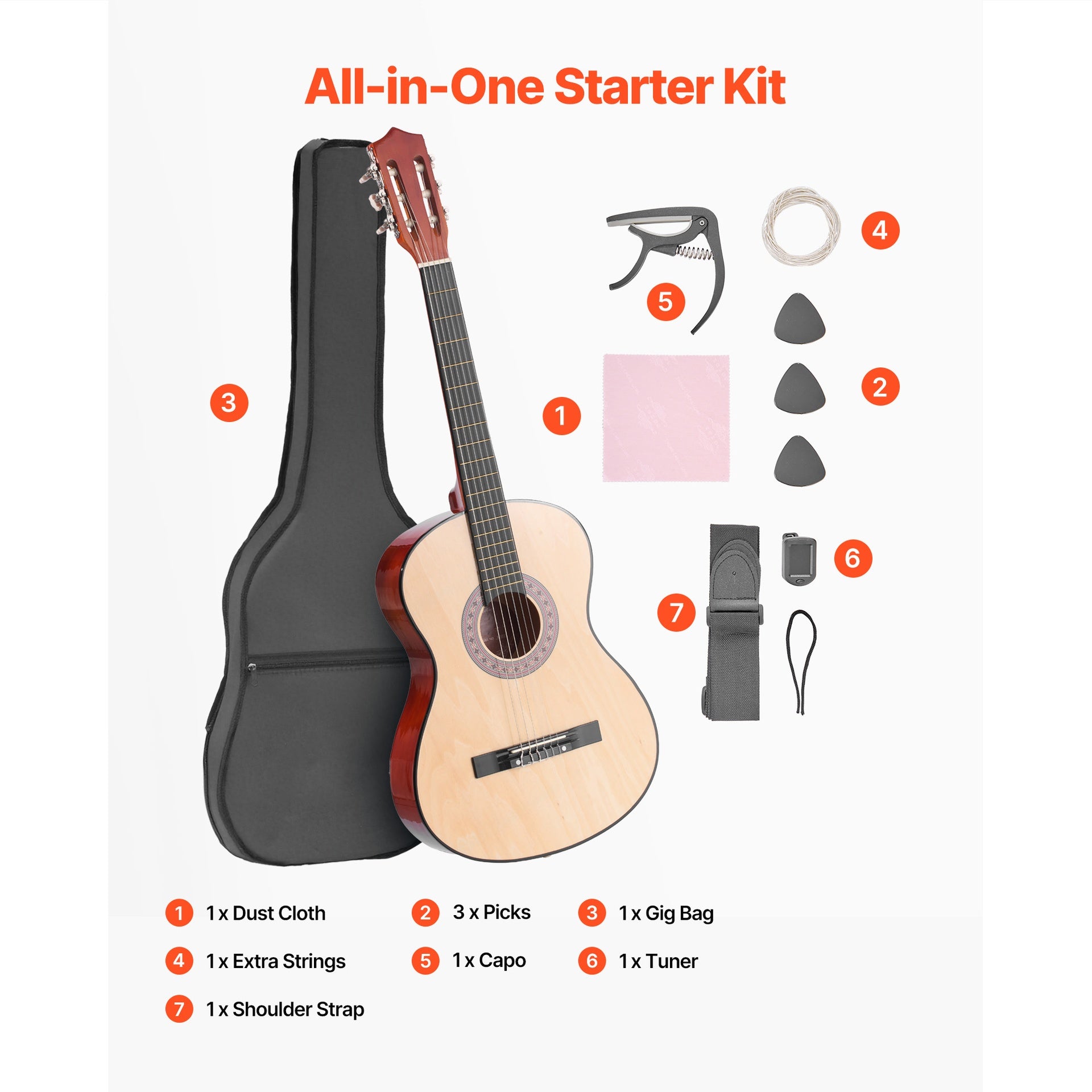 Classical Guitar, 38 Inch, Wood Classical Guitar Starter Kit for Beginners, with Nylon Strings, Gig Bag, Strap, Tuner, Extra Strings, Pick, Capo, Basswood, for Teenagers Adults Students, Natural