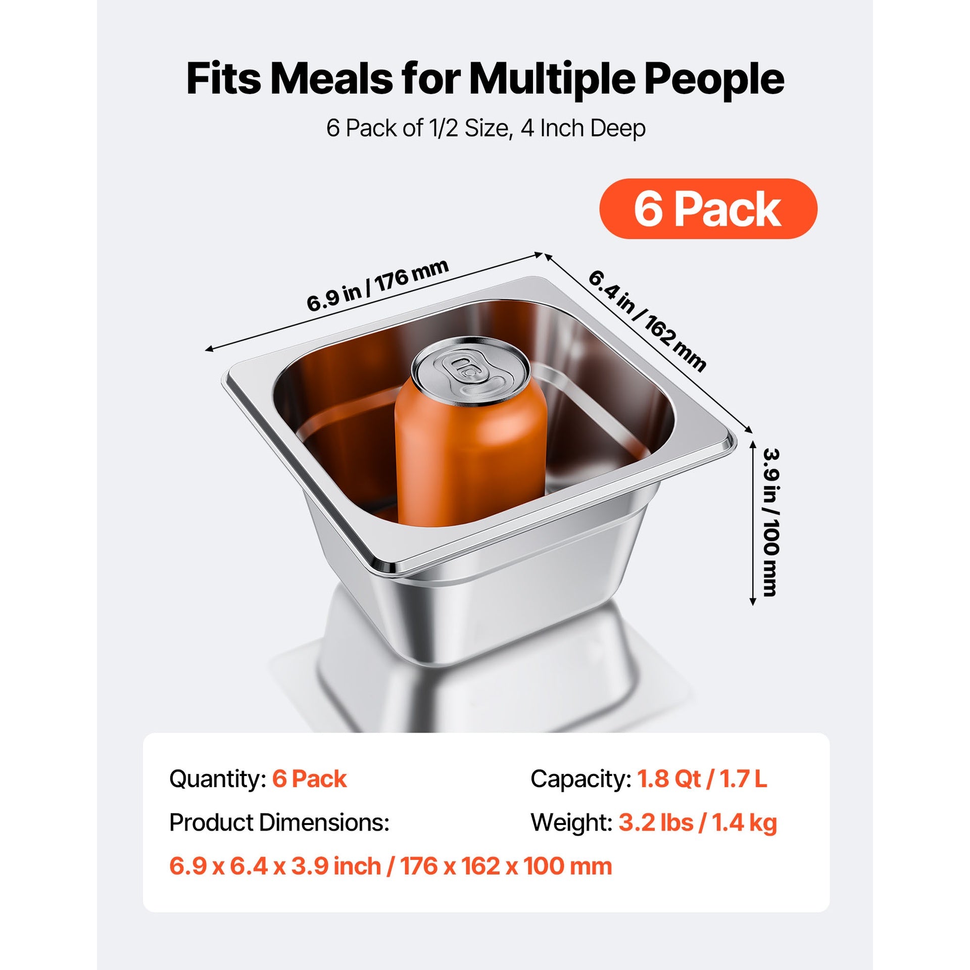 6 Pack Stainless Steam Hotel Pans, 1/6 Size Table Steam Pan, 4 Inch Deep, Anti Jam Restaurant Supplies Reusable Rustproof Catering Storage for Home, Party, Restaurant, Hotel, Buffet