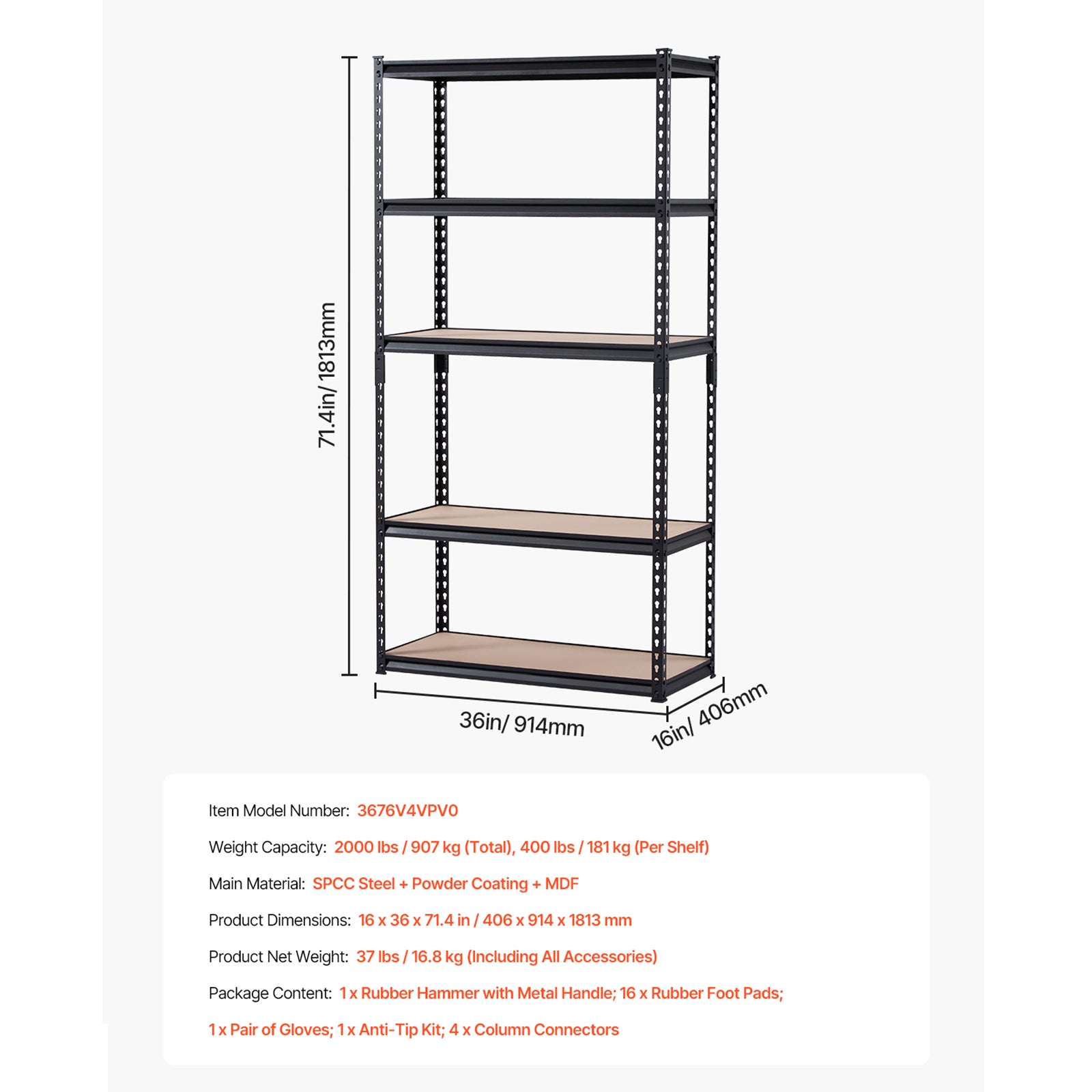 Storage Shelves 16" D x 36" W x 71.4" H 5-tier Garage Storage Shelving