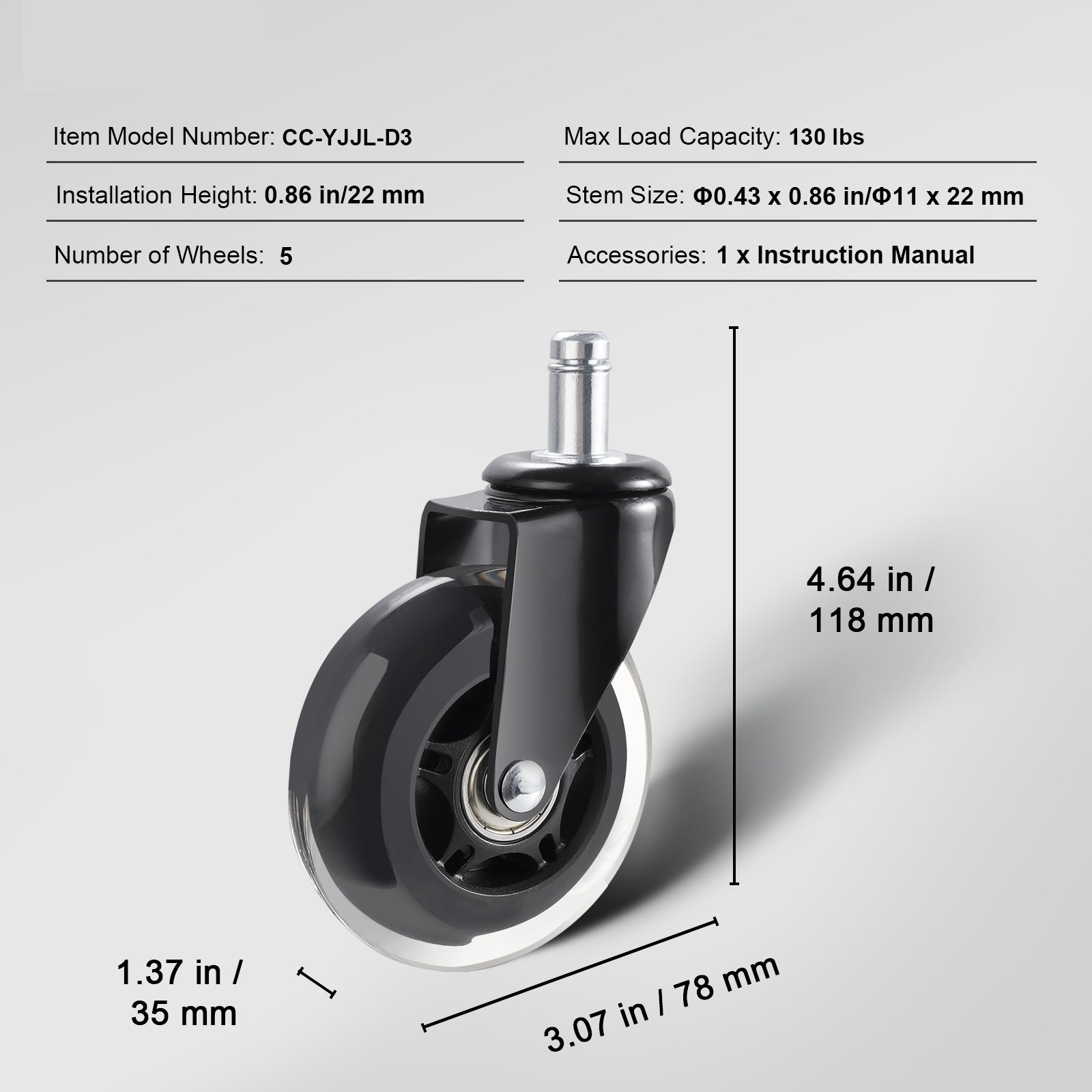 Office Chair Wheels, Set of 5, 3 inch Caster Wheels Replacement for Hardwood Floors and Carpet, Heavy Duty Computer Gaming Desk Casters with 130 lbs Load Capacity, Universal Fit for Most Chairs