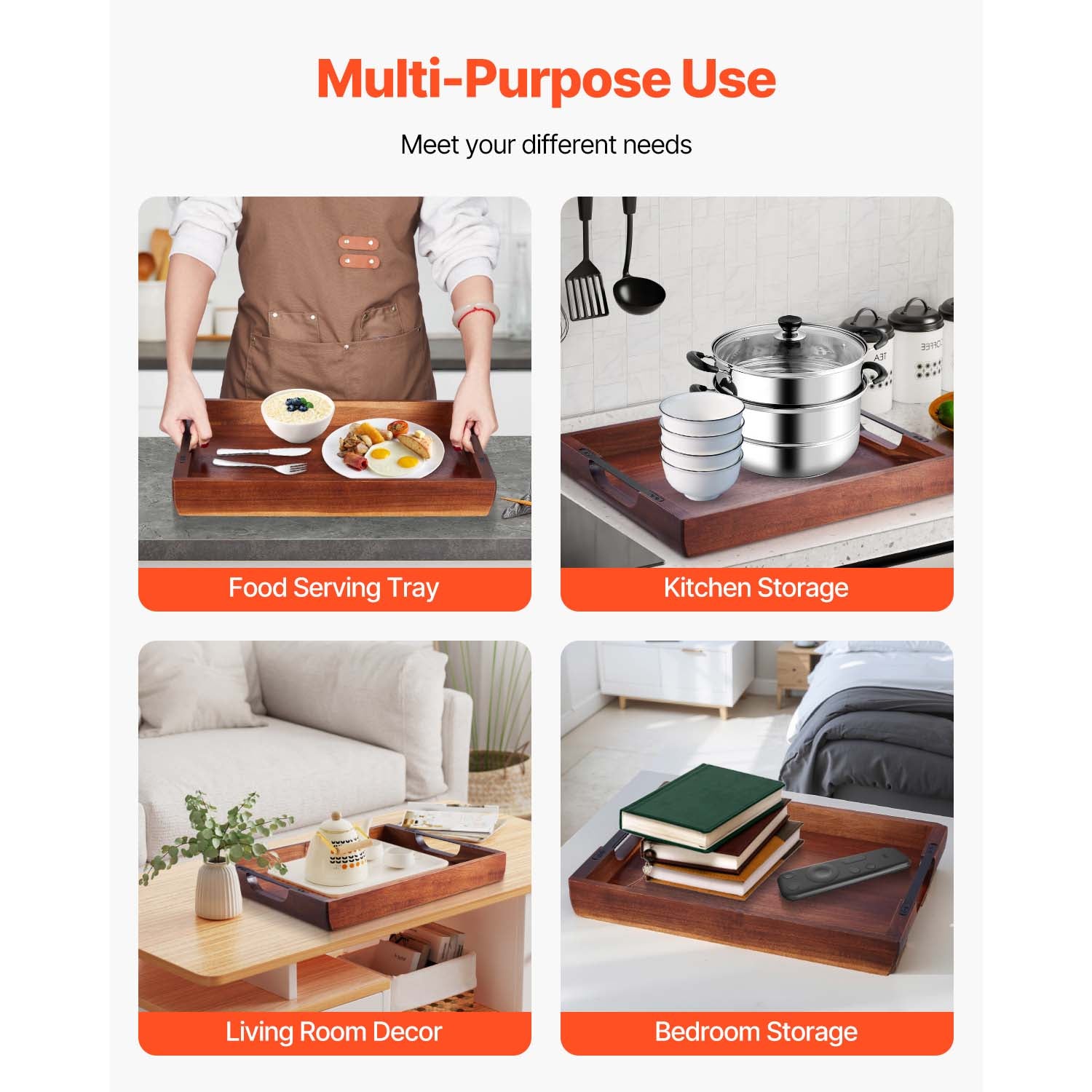 Serving Tray 17x12.2 Inch Acacia Food Serving Table Laptop Desk with Handles