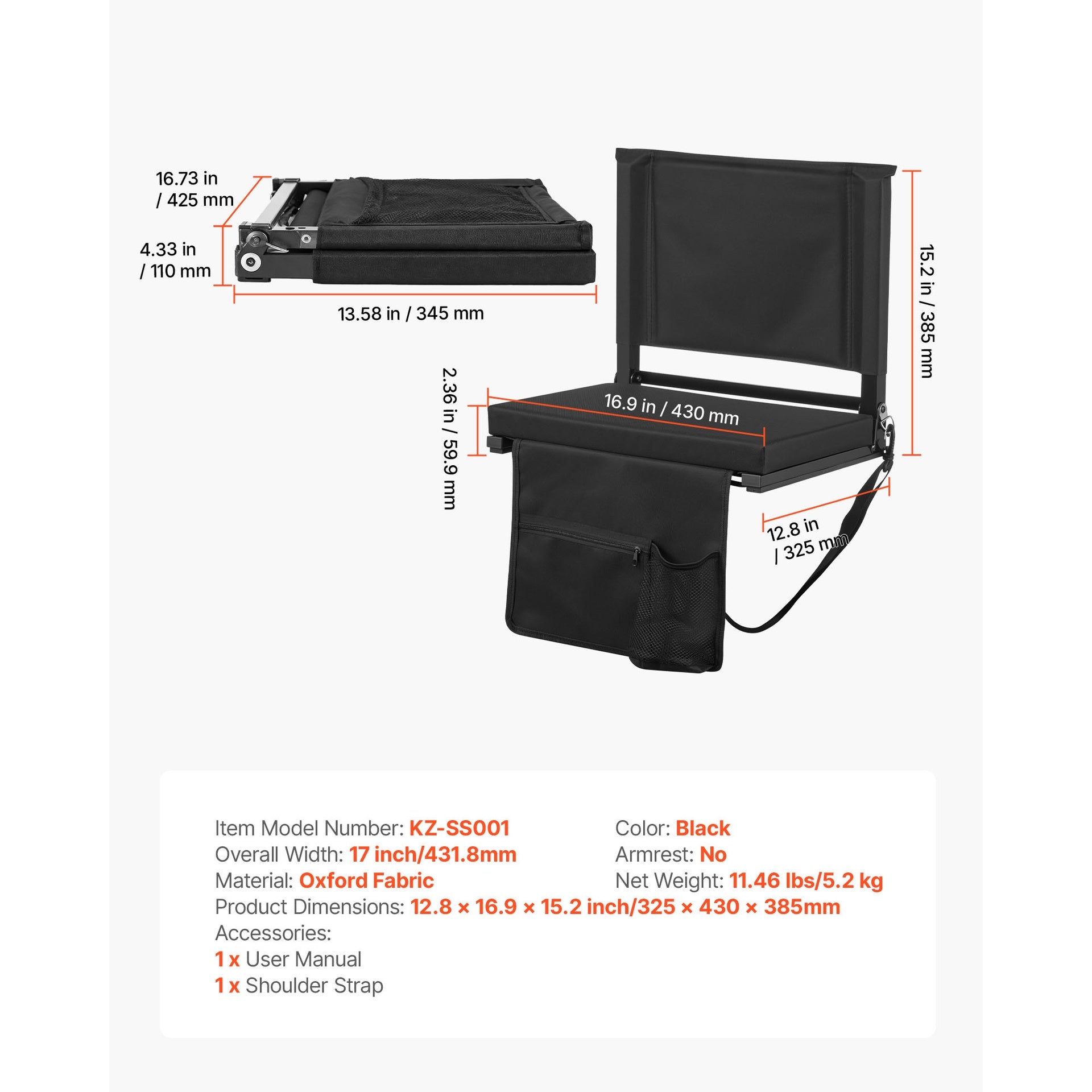 Stadium Seat, Folding Bleacher Seat with Back Support and Thick Cushion, Padded Stadium Seats for Bleacher Includes Shoulder Strap, Hooks, Cup Holder, and Side Pocket, Black Bleachers Chair