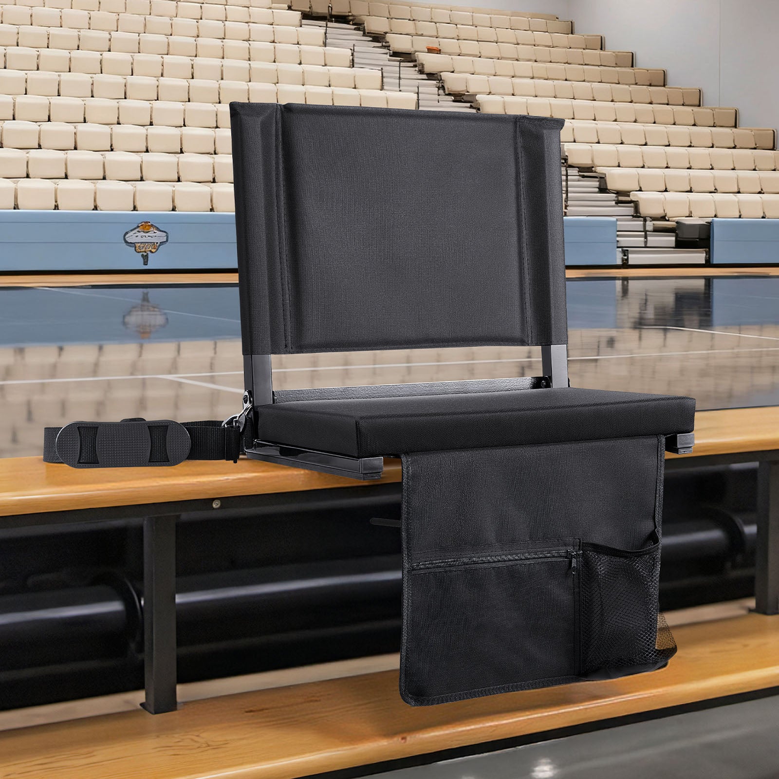 Stadium Seat, Folding Bleacher Seat with Back Support and Thick Cushion, Padded Stadium Seats for Bleacher Includes Shoulder Strap, Hooks, Cup Holder, and Side Pocket, Black Bleachers Chair