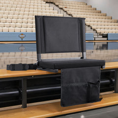 Stadium Seat, Folding Bleacher Seat with Back Support and Thick Cushion, Padded Stadium Seats for Bleacher Includes Shoulder Strap, Hooks, Cup Holder, and Side Pocket, Black Bleachers Chair