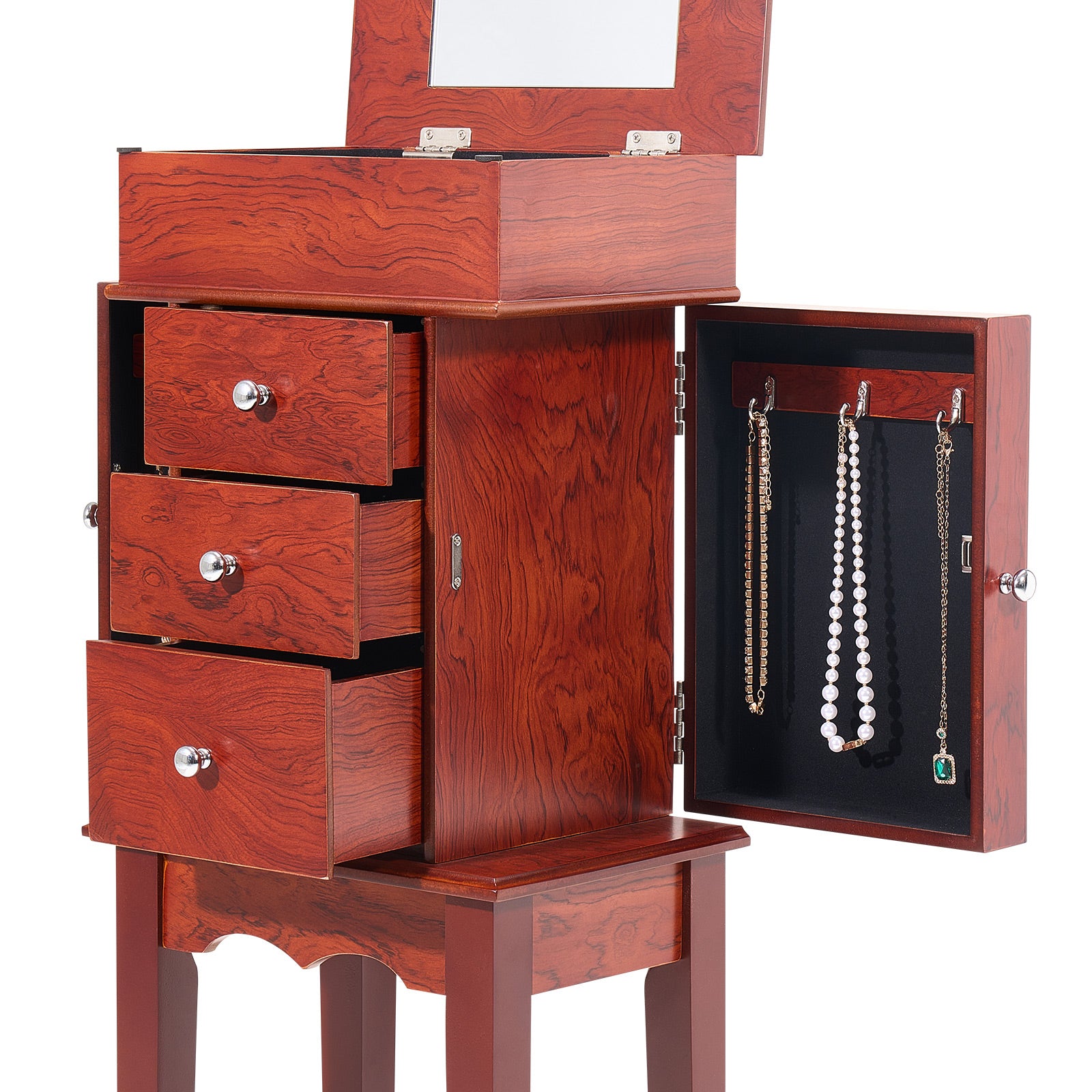 Jewelry Cabinet Armoire Standing Jewelry Storage Chest with 3 Drawers & Mirror