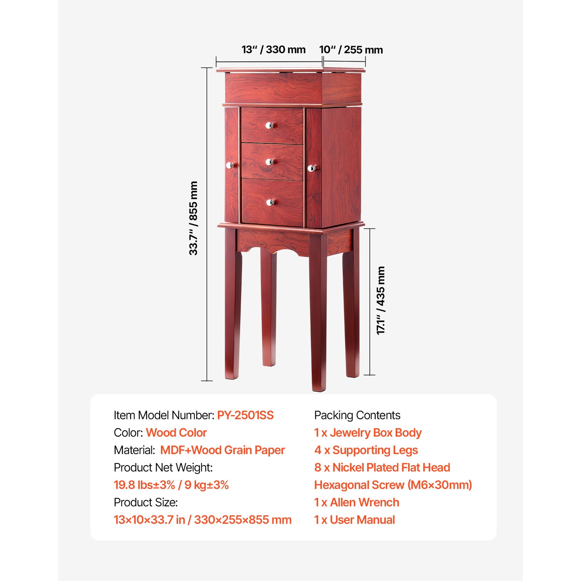 Jewelry Cabinet Armoire Standing Jewelry Storage Chest with 3 Drawers & Mirror