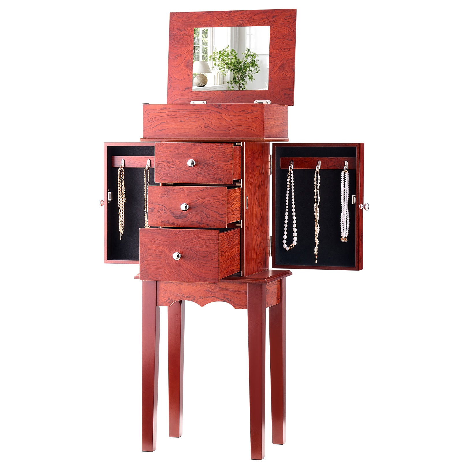 Jewelry Cabinet Armoire Standing Jewelry Storage Chest with 3 Drawers & Mirror