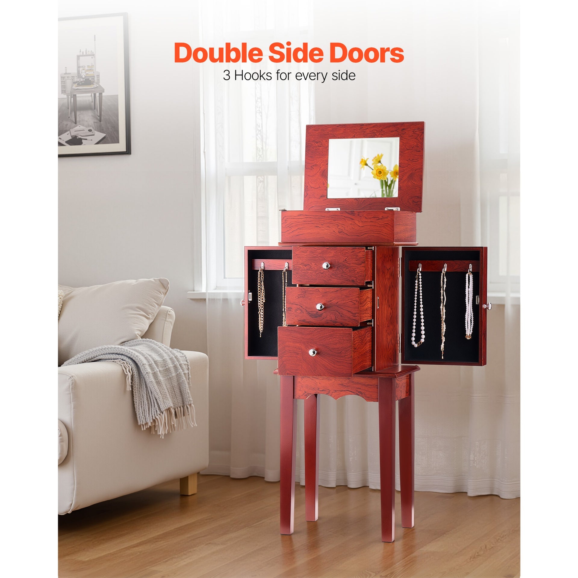 Jewelry Cabinet Armoire Standing Jewelry Storage Chest with 3 Drawers & Mirror