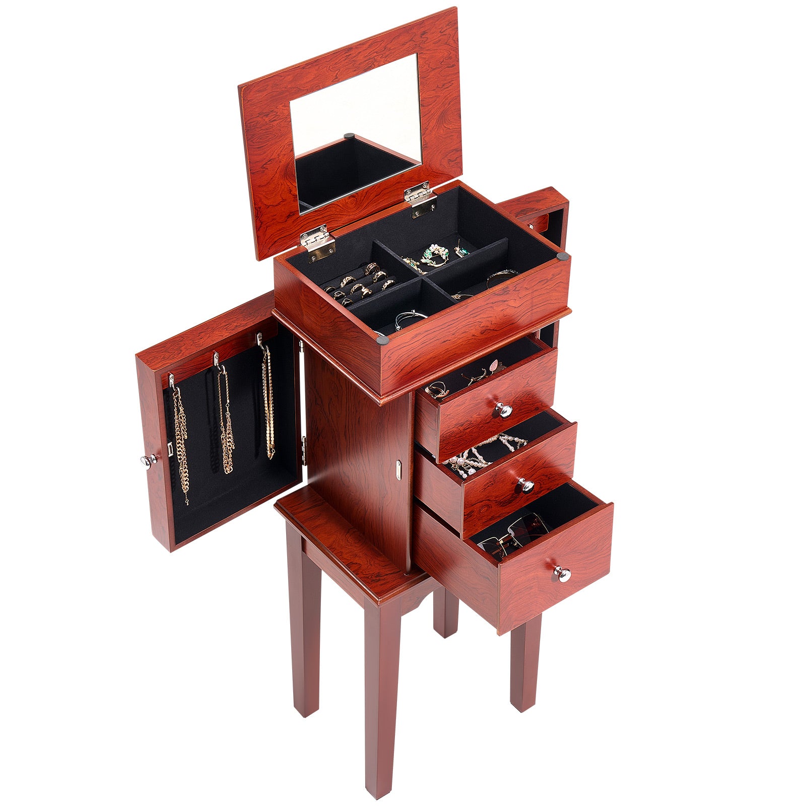 Jewelry Cabinet Armoire Standing Jewelry Storage Chest with 3 Drawers & Mirror