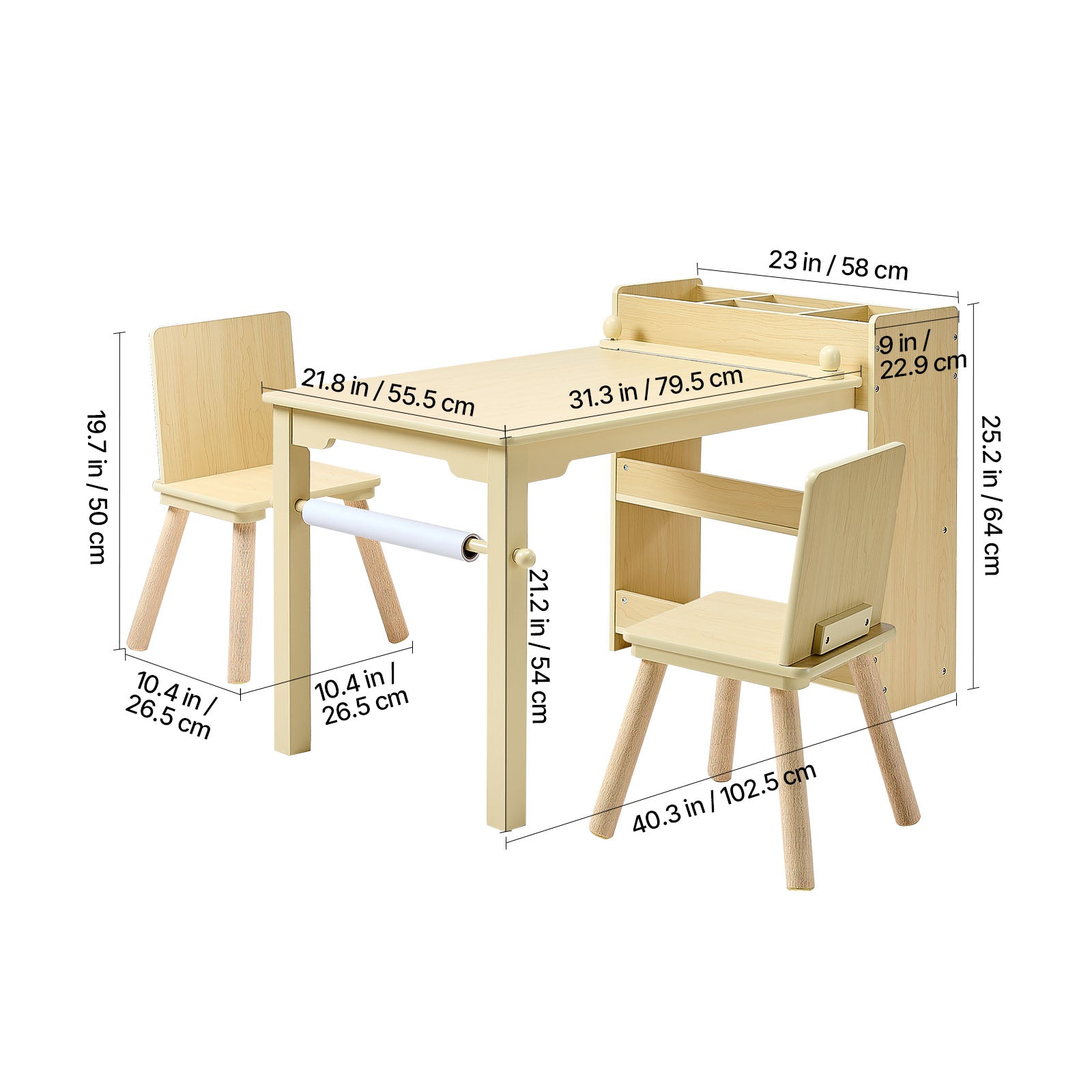 Kids Art Table and Chair Set, Toddler Craft Table with 3 Tiers Storage Cabinet, Wooden Kids Activity Play Desk with 2 Chairs, Craft Play Desk for Reading, Learning, Drawing, Writing, Light Wood